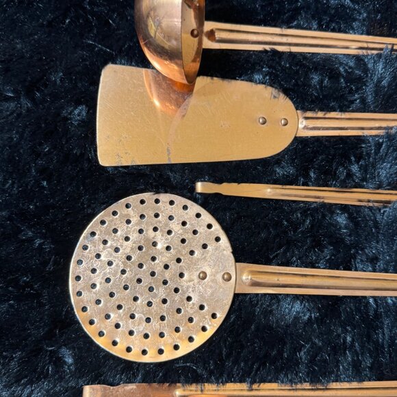Vintage Solid Copper Kitchen Utensil Set Ladle Strainer Fork Spoon & Spatula - Picture 2 of 7